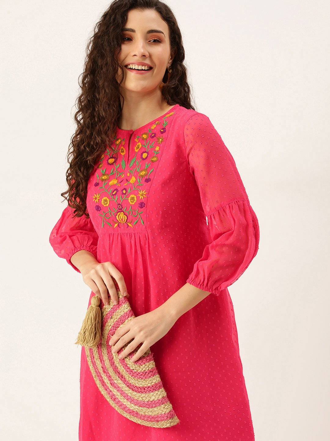 

Flying Machine Coral Pink Floral Embroidered Keyhole Neck Pleated Fit & Flare Dress