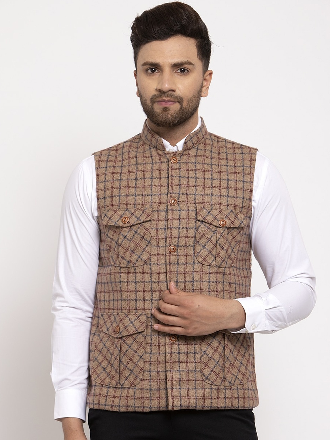 

KLOTTHE Men Brown Checked Woven Nehru Jacket