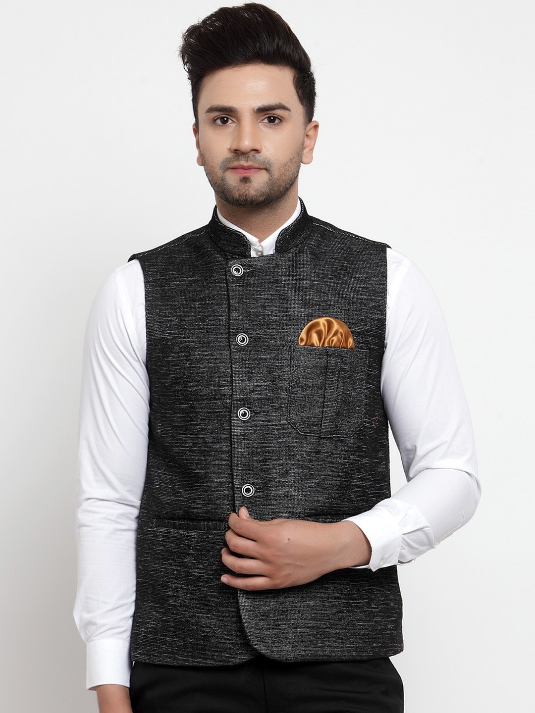 

KLOTTHE Men Black Woven Design Nehru Jacket