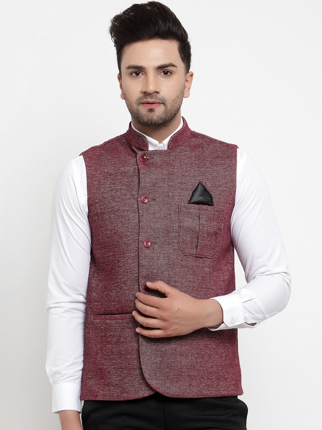 

KLOTTHE Men Maroon & Beige Woven Design Nehru Jacket