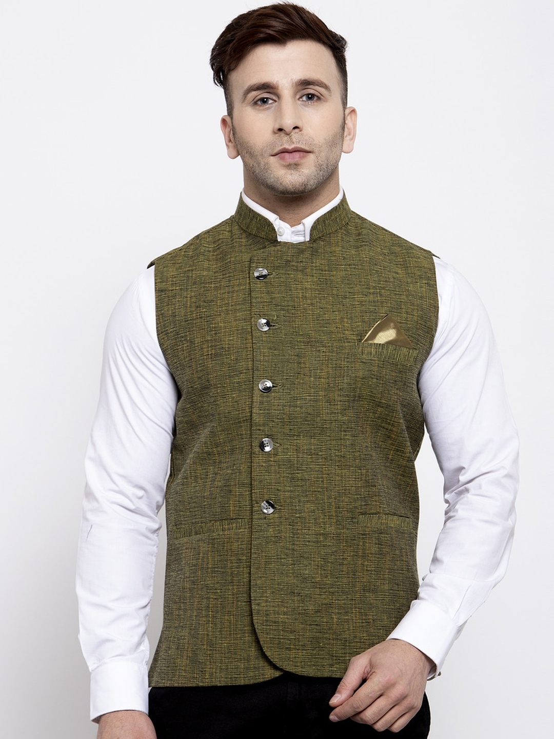 

KLOTTHE Men Olive Green Melange Woven Nehru Jacket