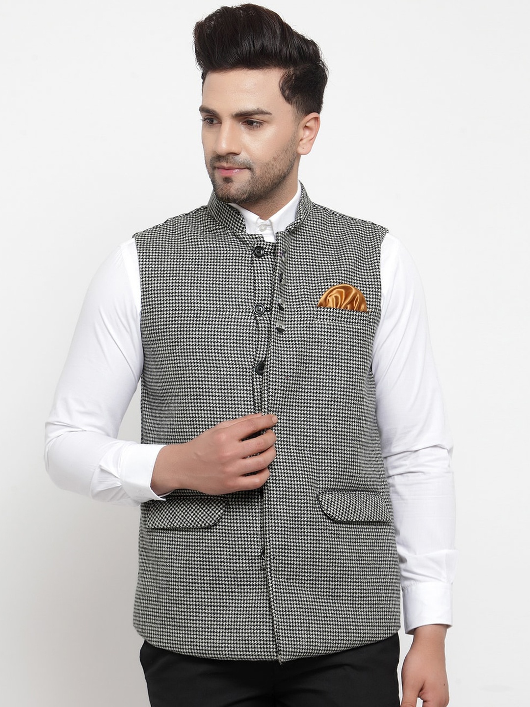 

KLOTTHE Men Black & White Checked Woven Nehru Jacket