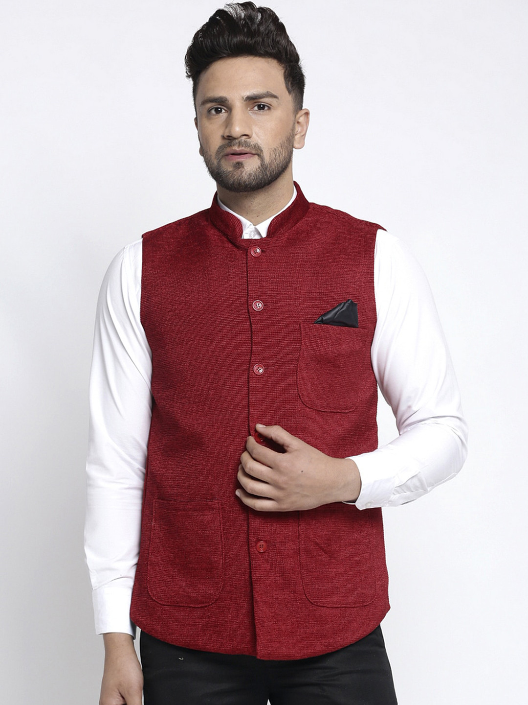 

KLOTTHE Men Maroon Textured Woven Nehru Jacket