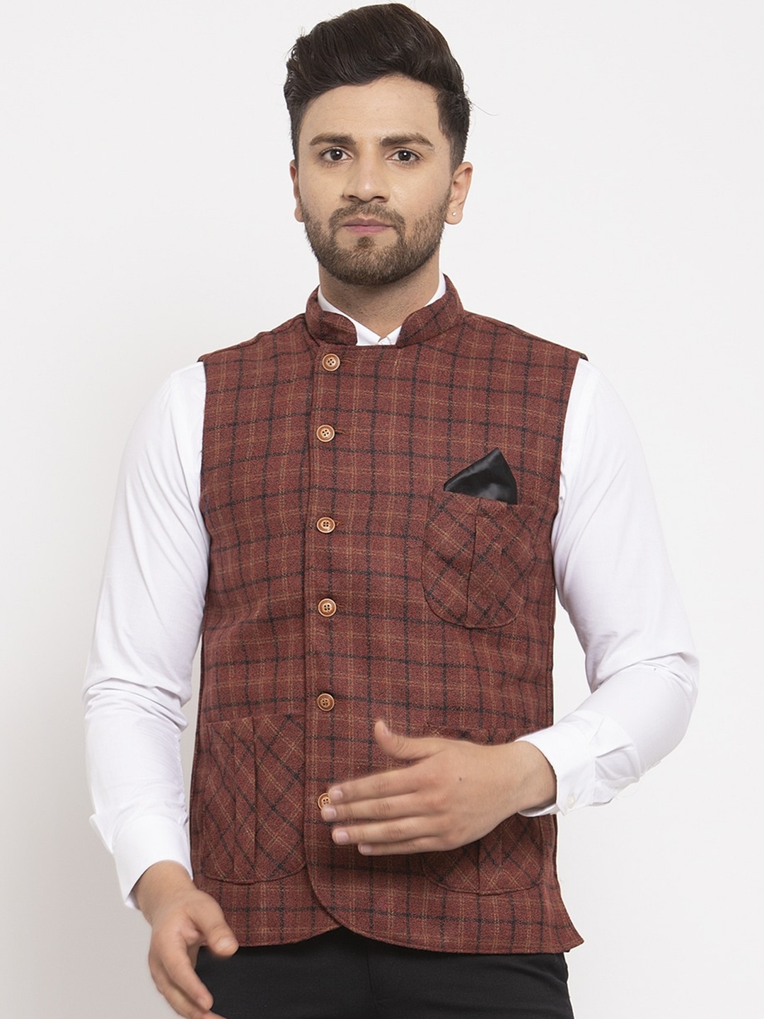 

KLOTTHE Men Maroon & Black Checked Woven Nehru Jacket