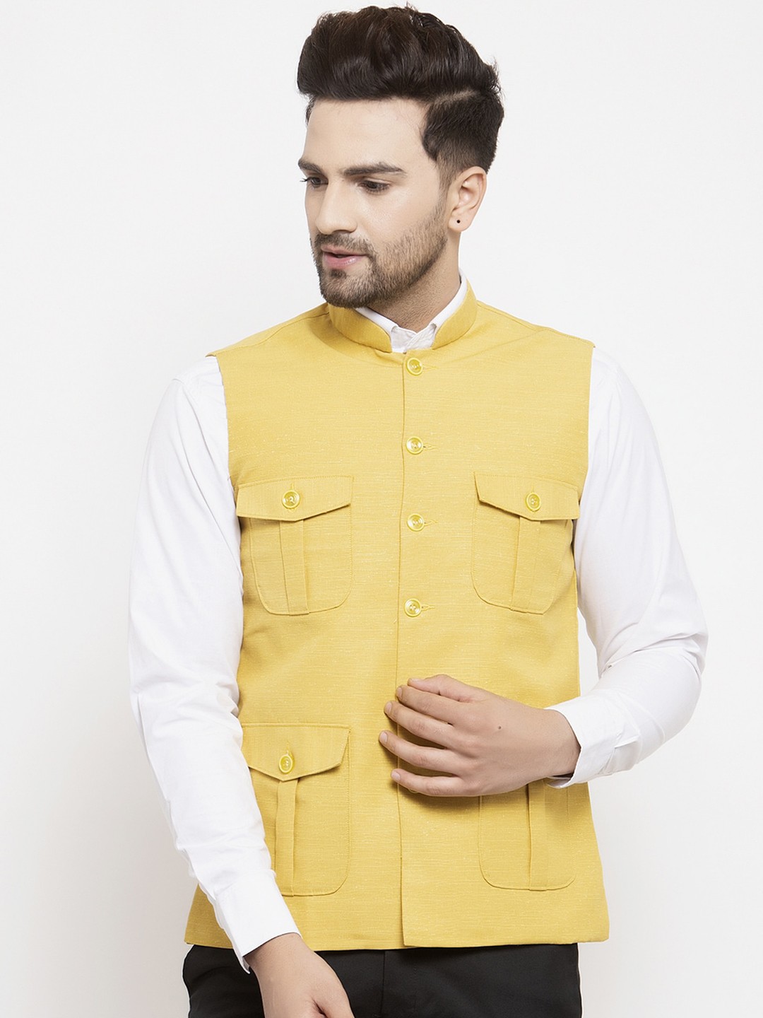 

KLOTTHE Men Yellow Solid Woven Nehru Jacket