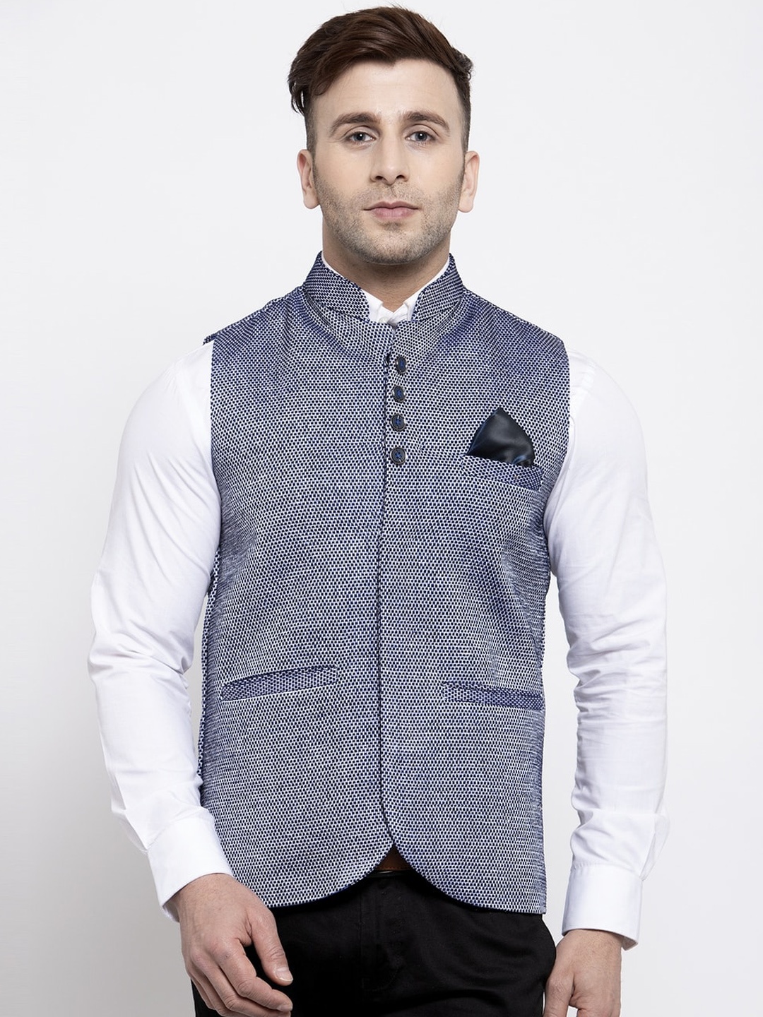 

KLOTTHE Men Blue & White Woven Design Nehru Jacket