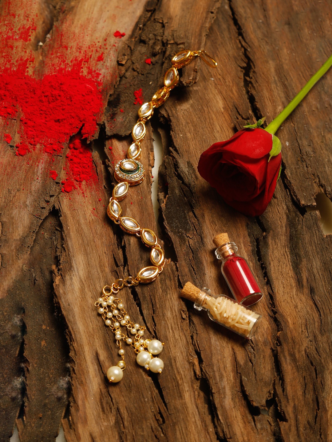 

Ruby Raang Gold & Yellow Kundan Rakhi Gift Box With Roli, Chawal & Greeting Card