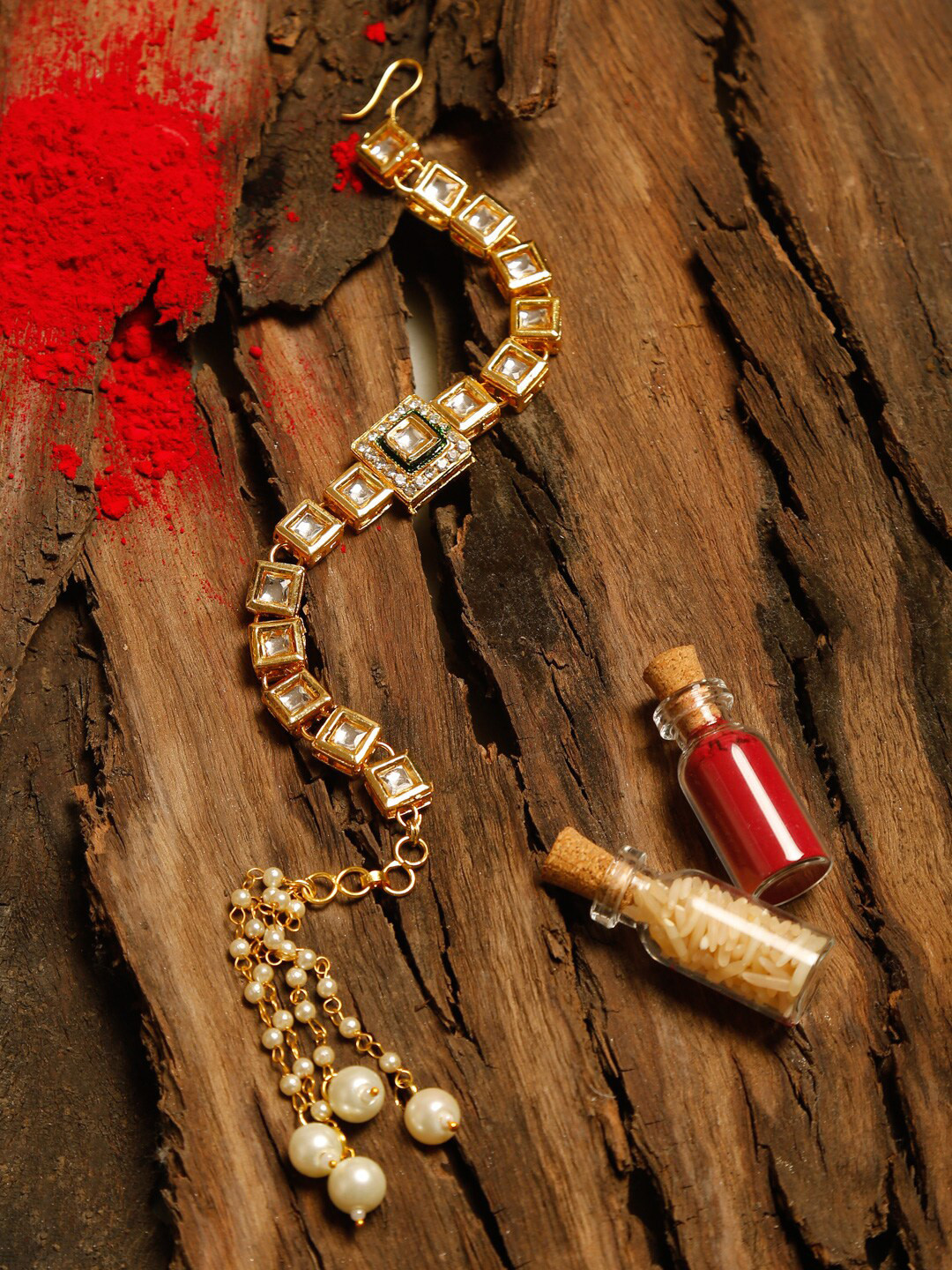 

Ruby Raang Gold Kundan Rakhi Gift Box With Roli, Chawal & Greeting Card