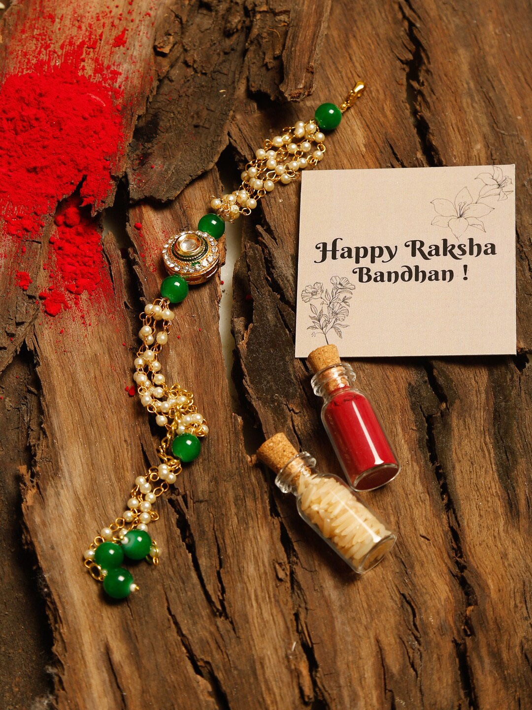 

Ruby Raang Green & Gold Kundan Rakhi Gift Box With Roli, Chawal & Greeting Card