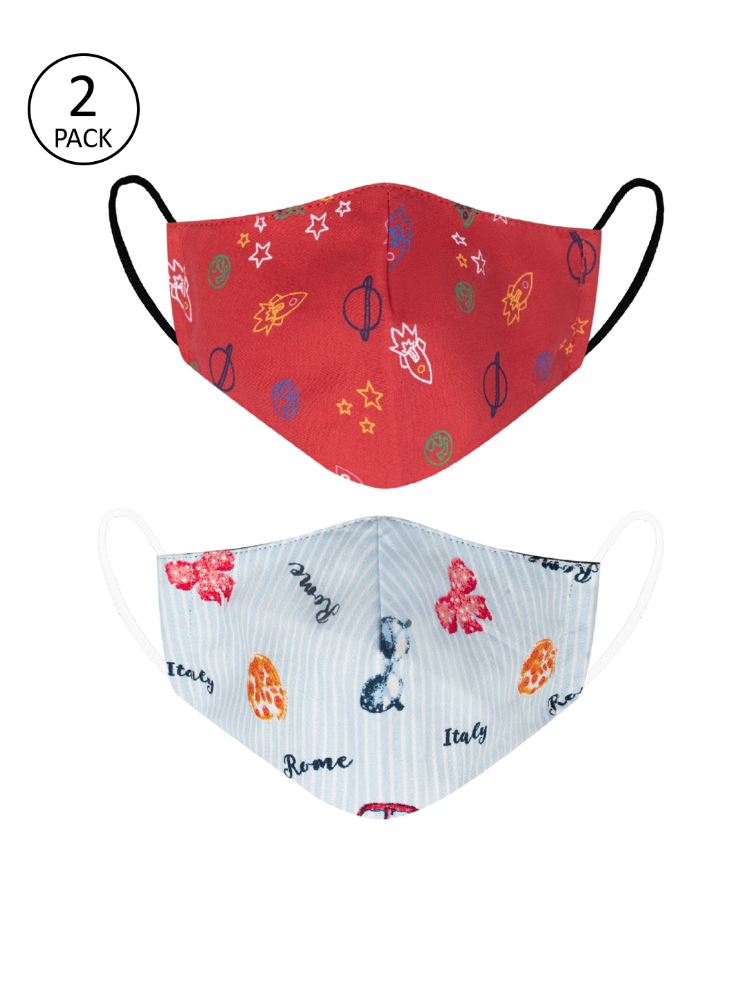 

VEA Kids Pack Of 2 Printed 3-Ply Reusable 5-Layered Premium Cotton Protective Outdoor Face Masks, Red