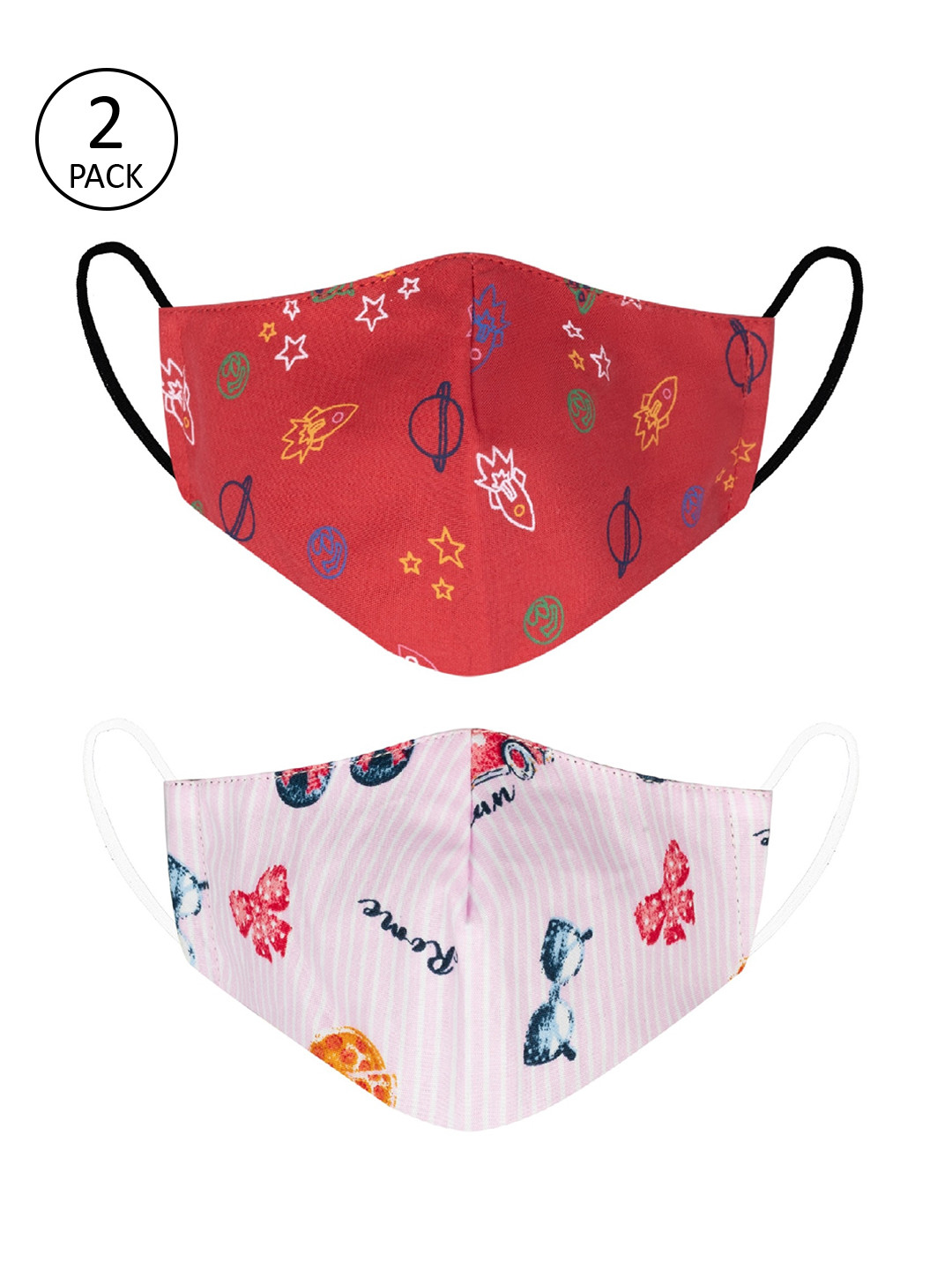 

VEA Kids Pack Of 2 Printed 3-Ply Reusable 5-Layered Premium Cotton Protective Outdoor Face Masks, Red