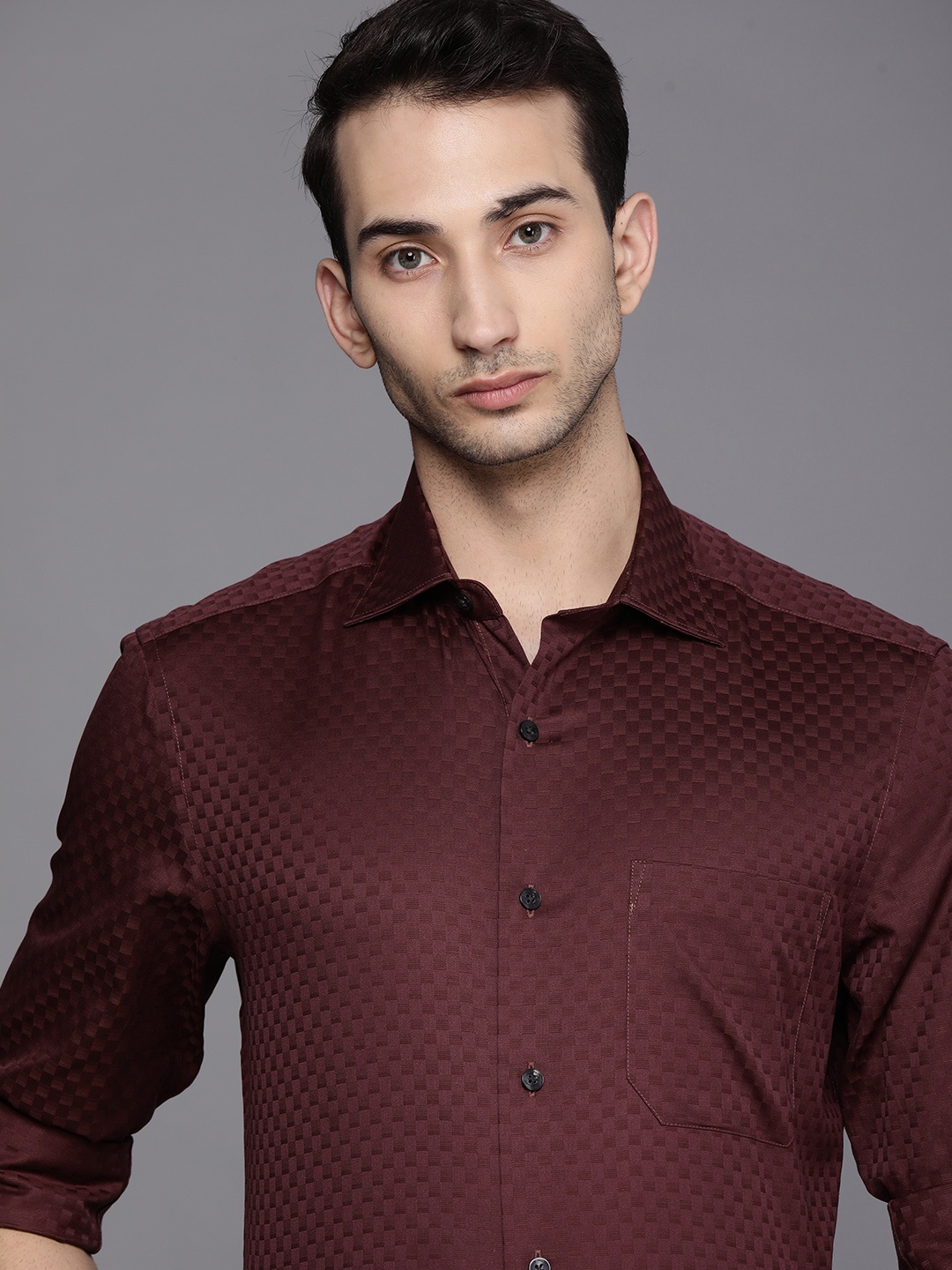 

Louis Philippe Men Maroon Classic Fit Pure Cotton Self Checked Semi-Formal Shirt