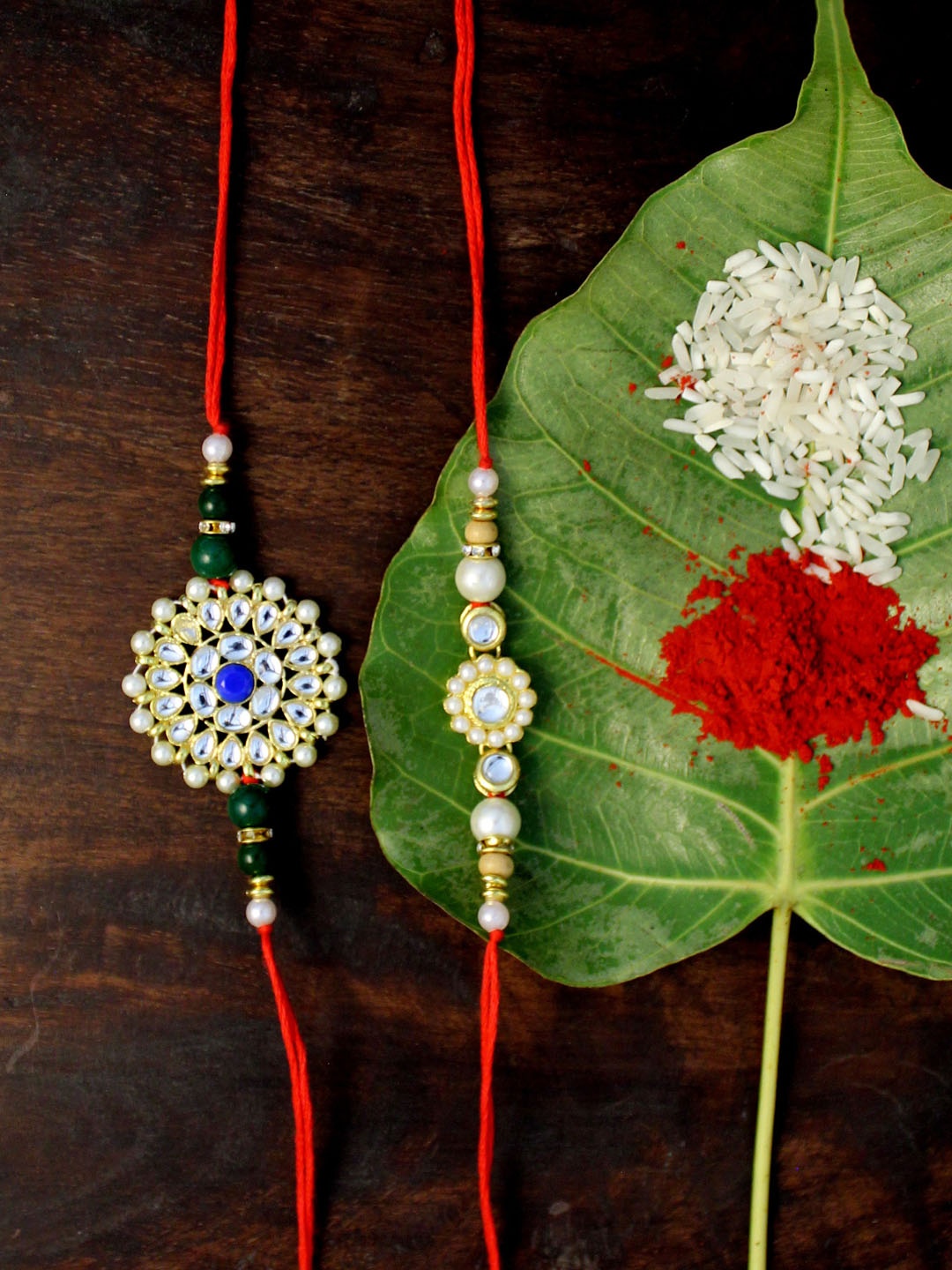 

KARATCART White & Gold Set of 2 Gold-Plated Kundan Rakhi