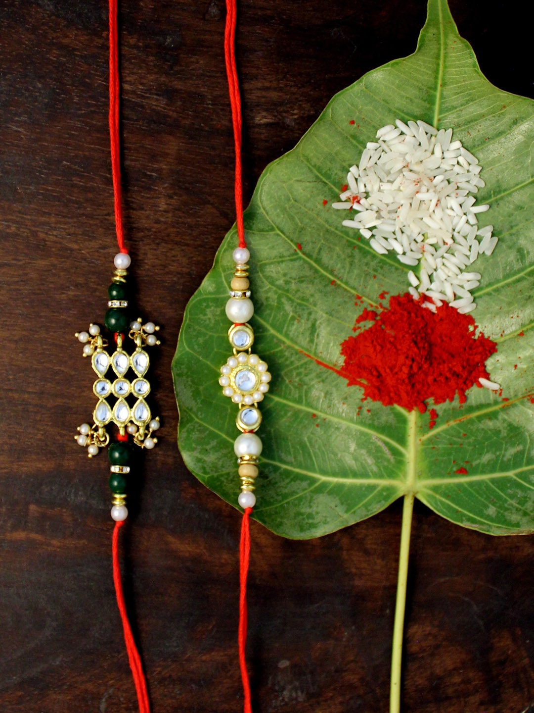 

KARATCART Set of 2 Gold-Plated & Red Kundan Rakhi