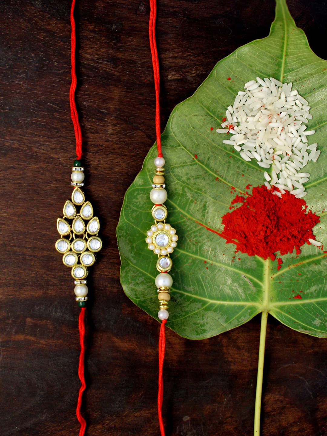 

KARATCART Set of 2 Gold-Plated & Red Kundan Rakhi