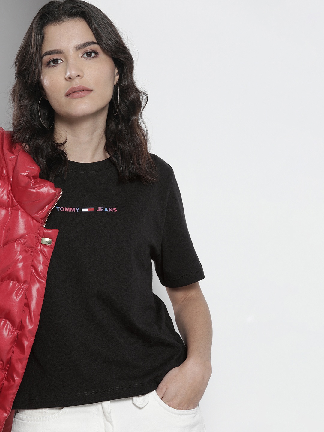

Tommy Hilfiger Women Black Brand Logo Printed Pure Cotton T-shirt