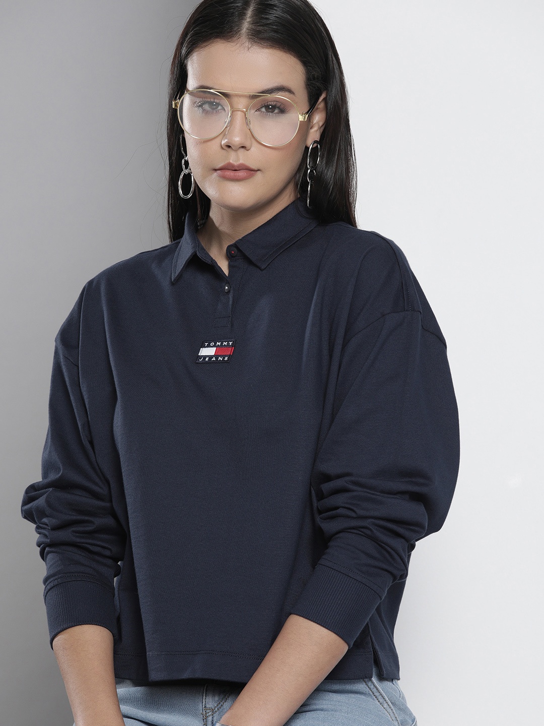 

Tommy Hilfiger Women Navy Blue Polo Collar Drop-Shoulder Sleeves Pure Cotton T-shirt