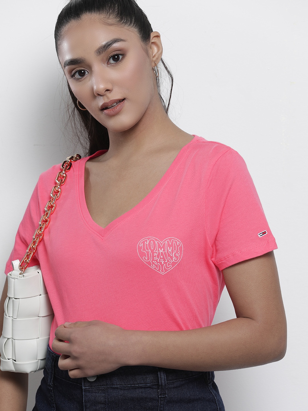 

Tommy Hilfiger Women Pink White Brand Logo Printed V-Neck Slim Fit Pure Cotton T-shirt
