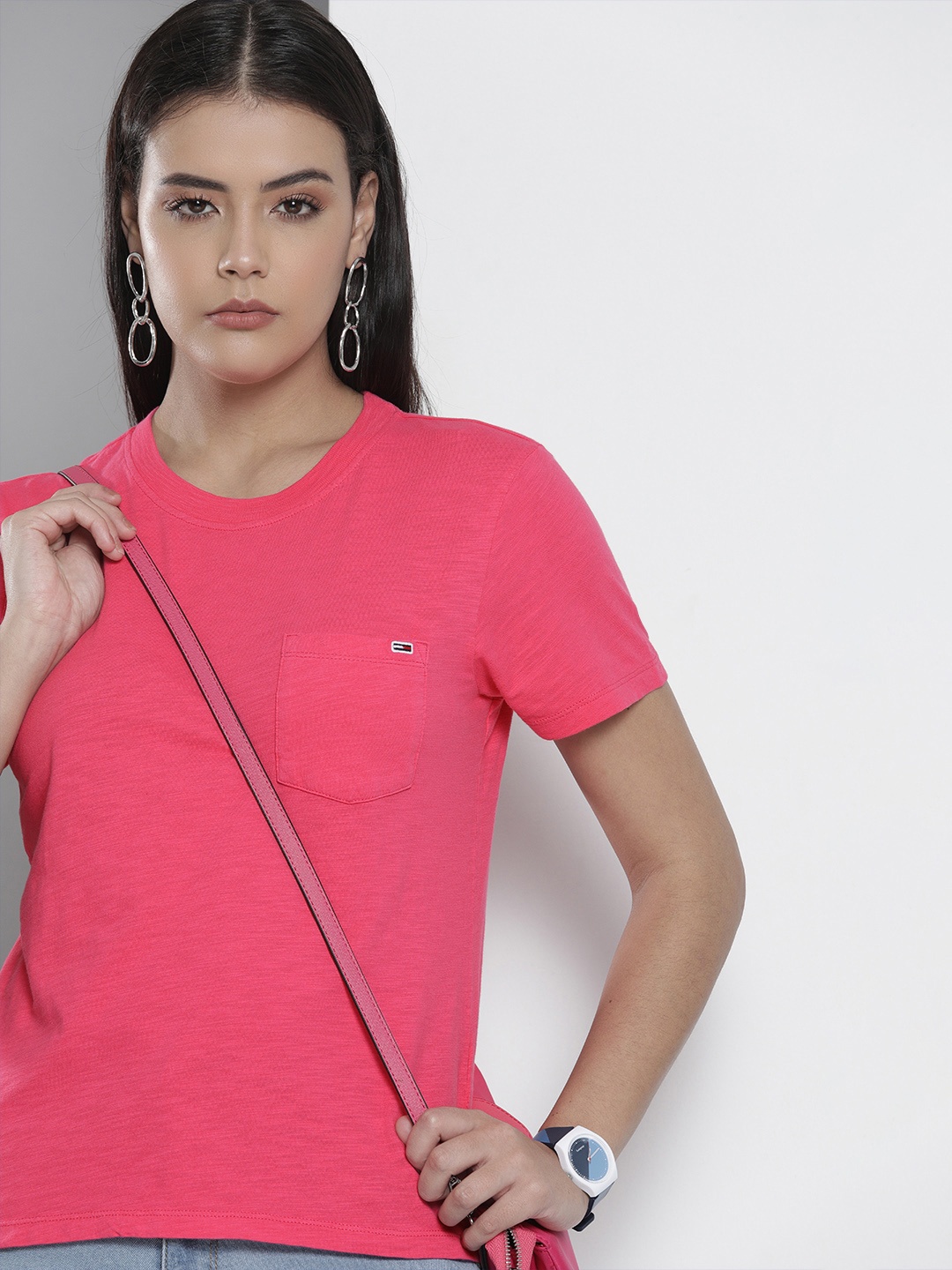

Tommy Hilfiger Women Fuchsia Pink Solid Pure Cotton T-shirt