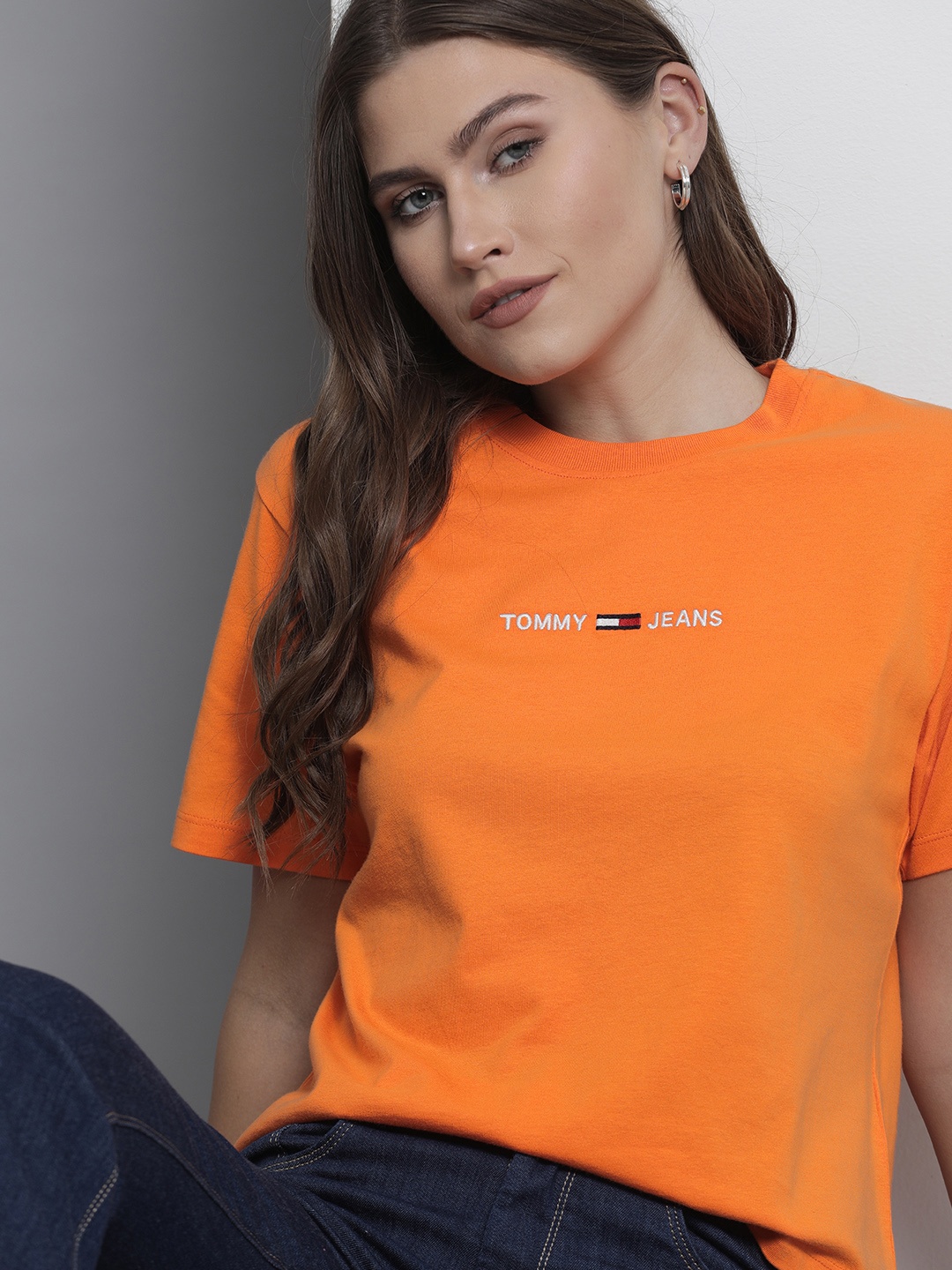 

Tommy Hilfiger Women Orange White Brand Logo Embriodered Pure Cotton T-shirt