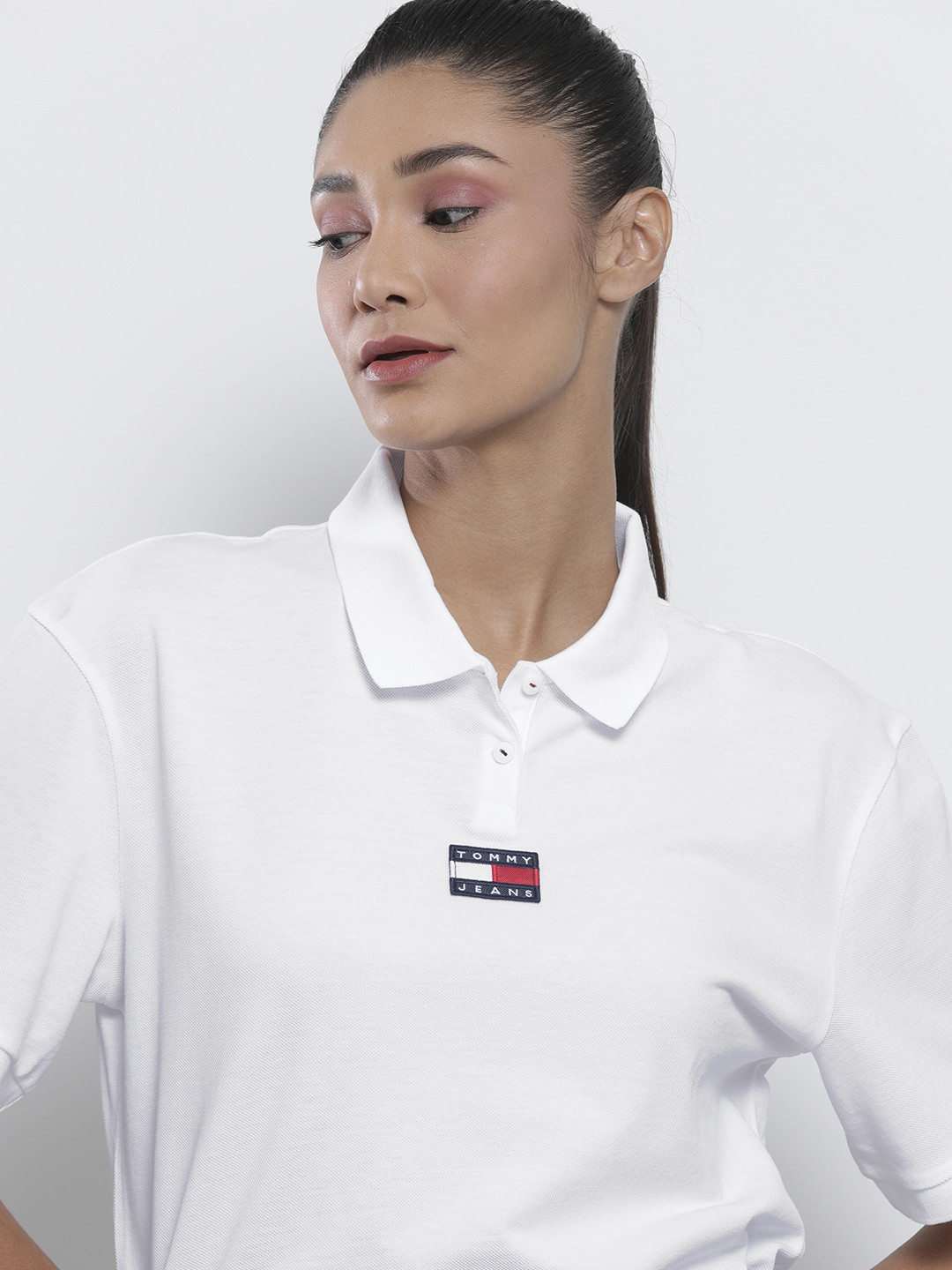 

Tommy Hilfiger Women White Polo Collar Boxy Pure Cotton T-shirt