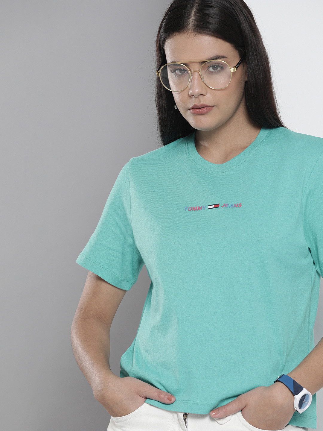 

Tommy Hilfiger Women Green Brand Logo CROP MULTI LINEAR Pure Organic Cotton T-shirt
