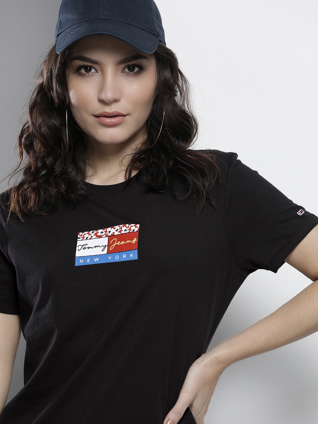 

Tommy Hilfiger Women Black Brand Logo Embroidered Slim Fit Pure Cotton T-shirt