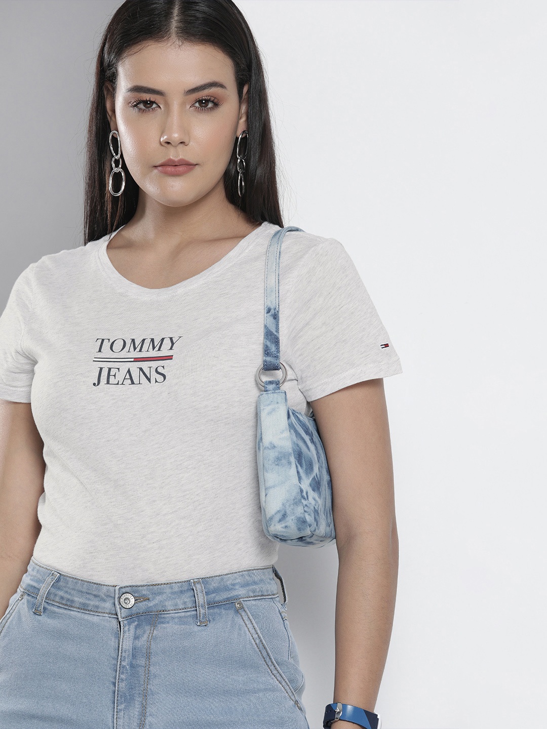 

Tommy Hilfiger Women Grey Melange Brand Logo Printed Skinny Fit Pure Cotton T-shirt