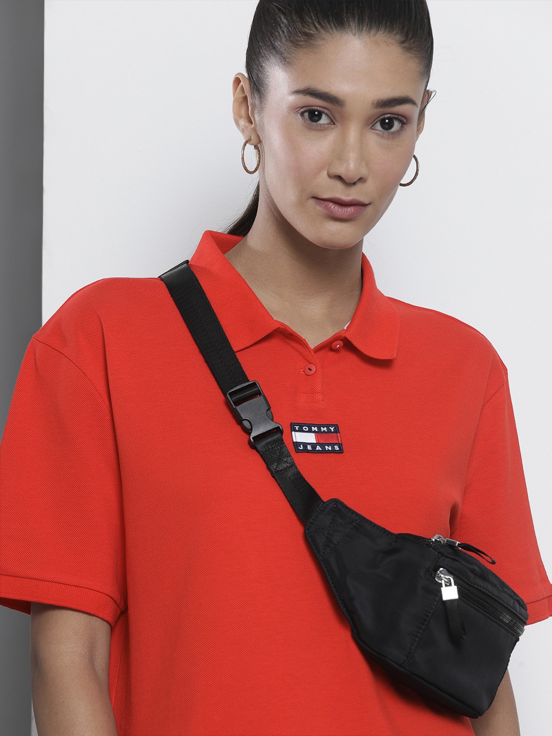 

Tommy Hilfiger Women Red Polo Collar Drop-Shoulder Sleeves Boxy Pure Cotton T-shirt