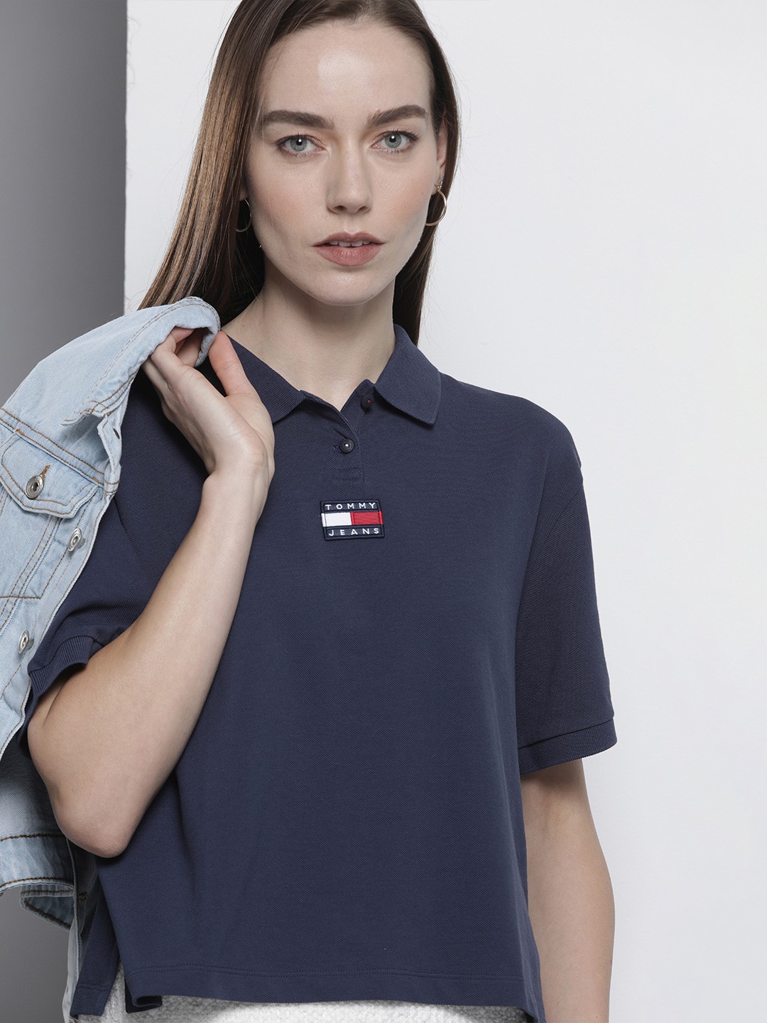 

Tommy Hilfiger Women Navy Blue Polo Collar Pure Cotton Drop-Shoulder Pure Cotton T-shirt