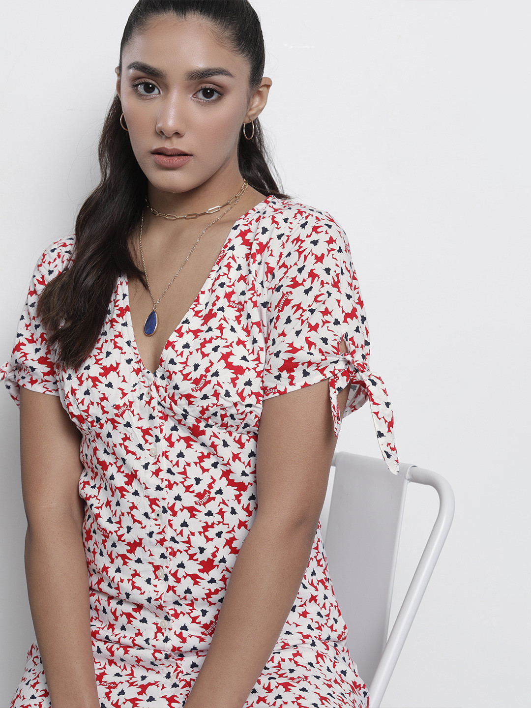 

Tommy Hilfiger Red & White Floral A-Line Midi Dress