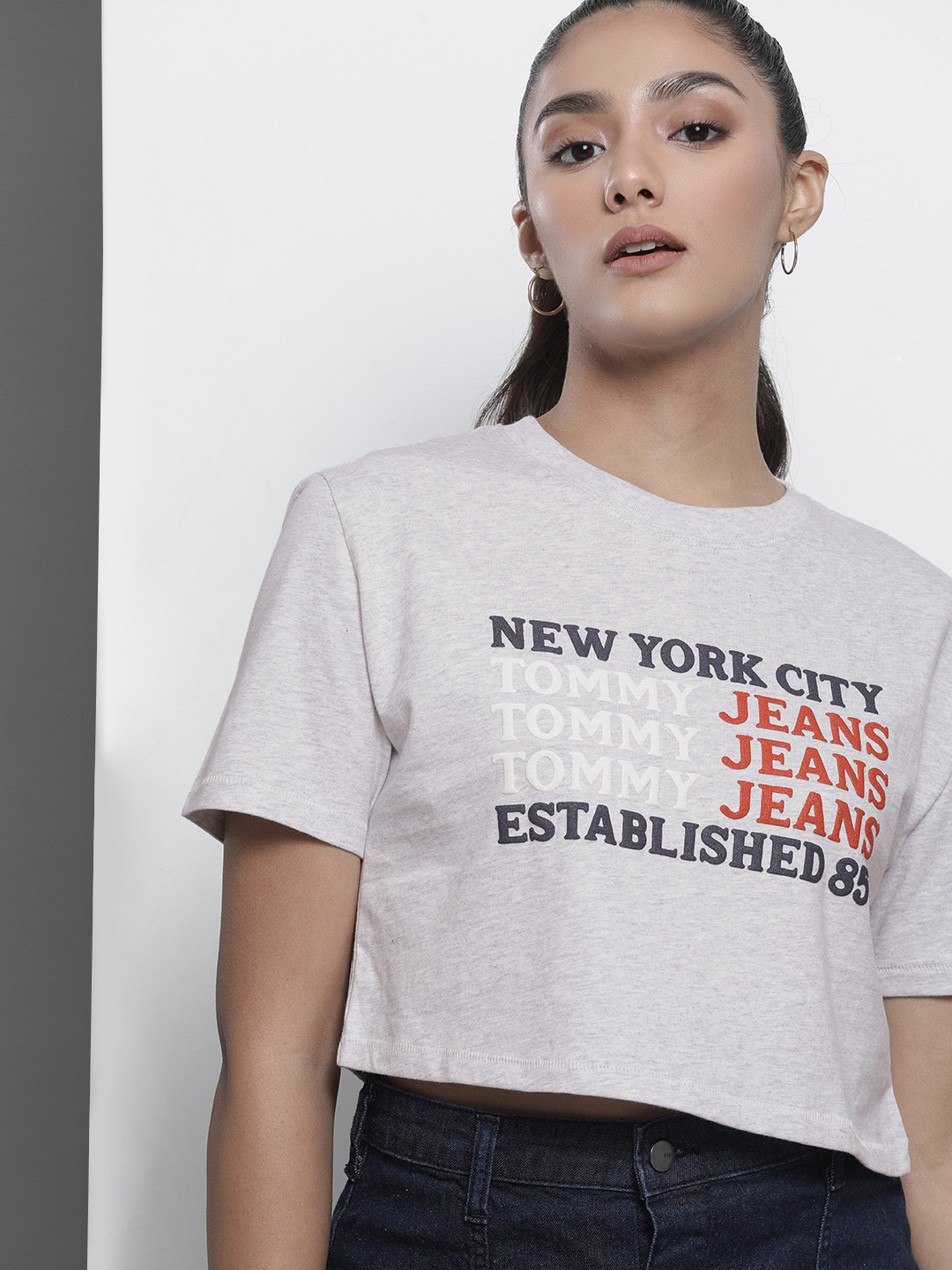 

Tommy Hilfiger Women Grey Melange Brand Logo Printed Cropped Pure Cotton T-shirt