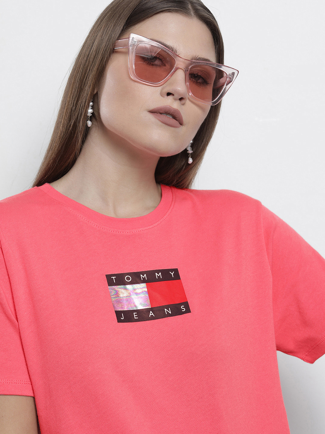 

Tommy Hilfiger Women Pink Navy Blue Brand Logo Printed Crop Pure Cotton T-shirt