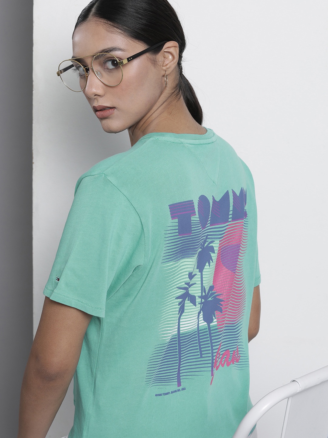 

Tommy Hilfiger Women Sea Green Blue Printed Pure Cotton T-shirt