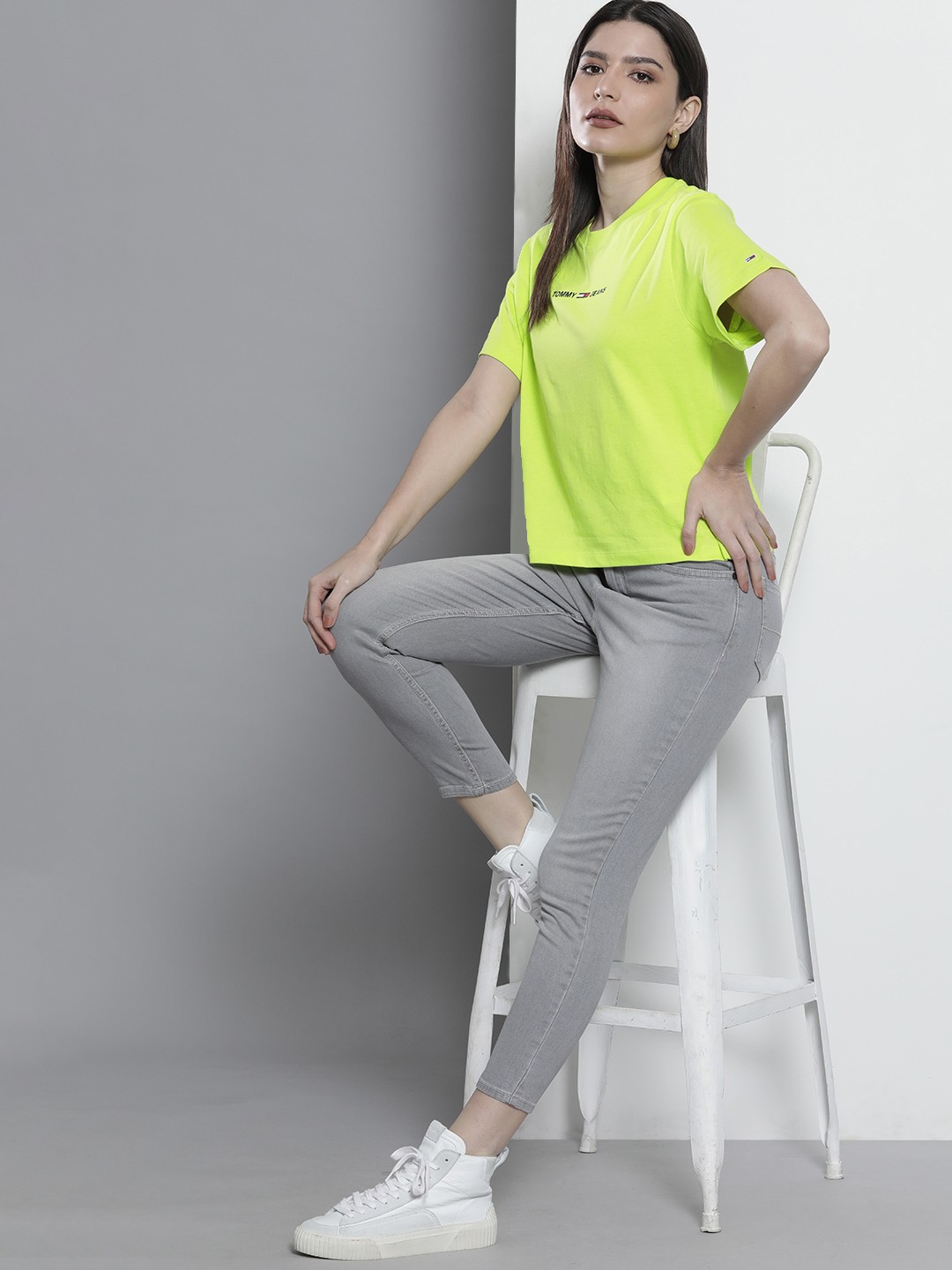 

Tommy Hilfiger Women Lime Green Brand Logo Printed Pure Cotton T-shirt