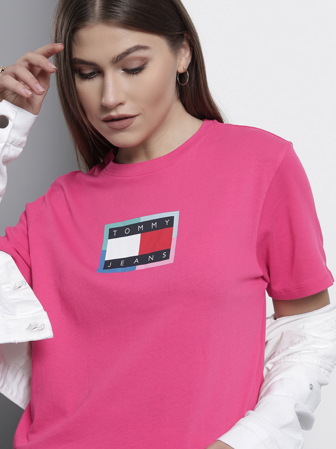 

Tommy Hilfiger Women Pink Brand Logo Printed Organic Cotton Loose T-shirt