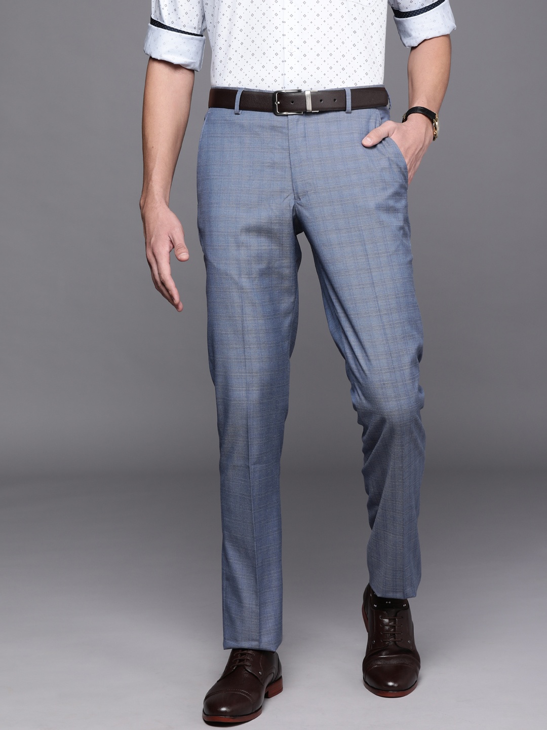 

Louis Philippe Men Blue Checked Slim Fit Formal Trousers