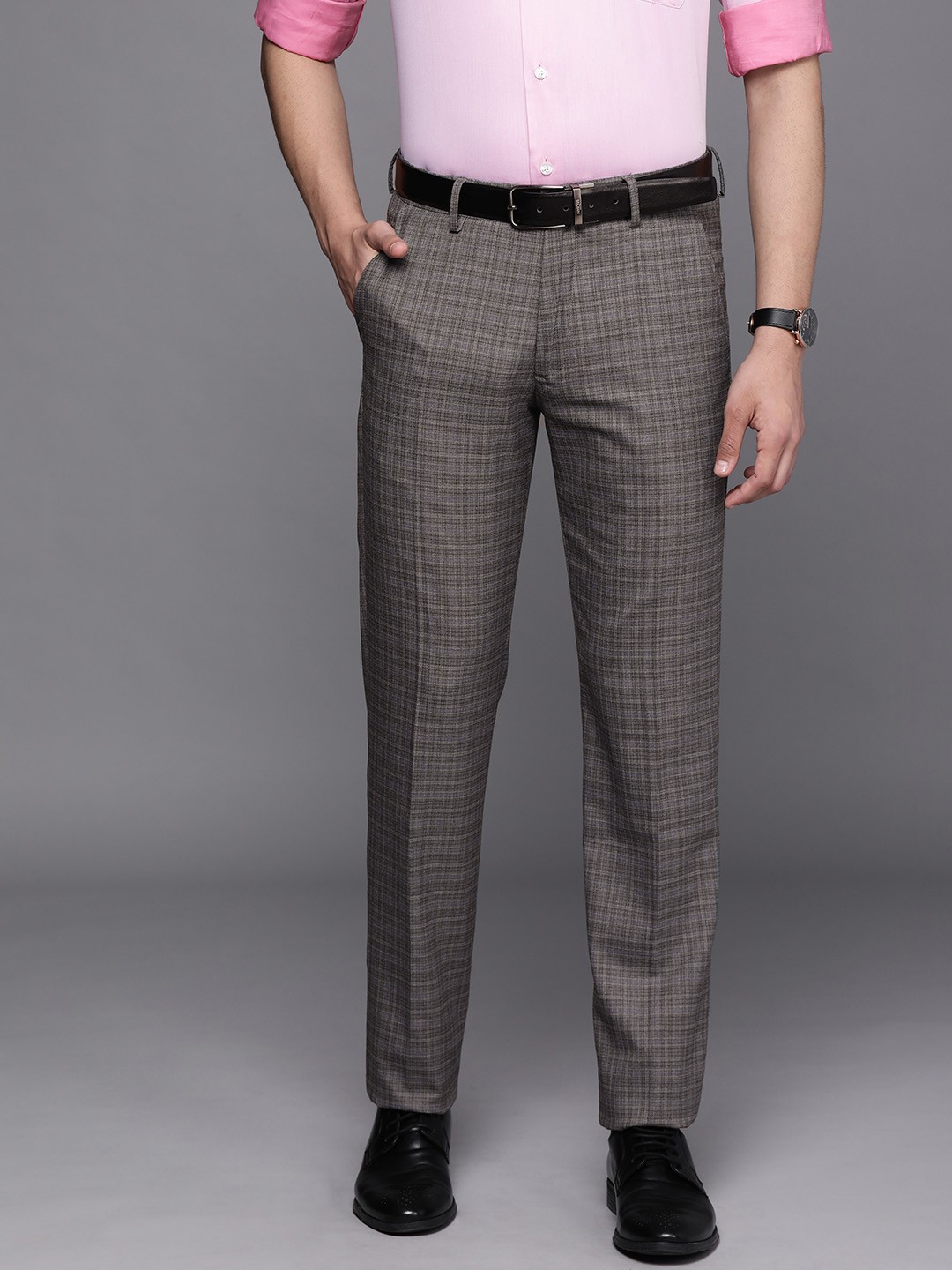 

Louis Philippe Men Grey Checked Slim Fit Formal Trousers