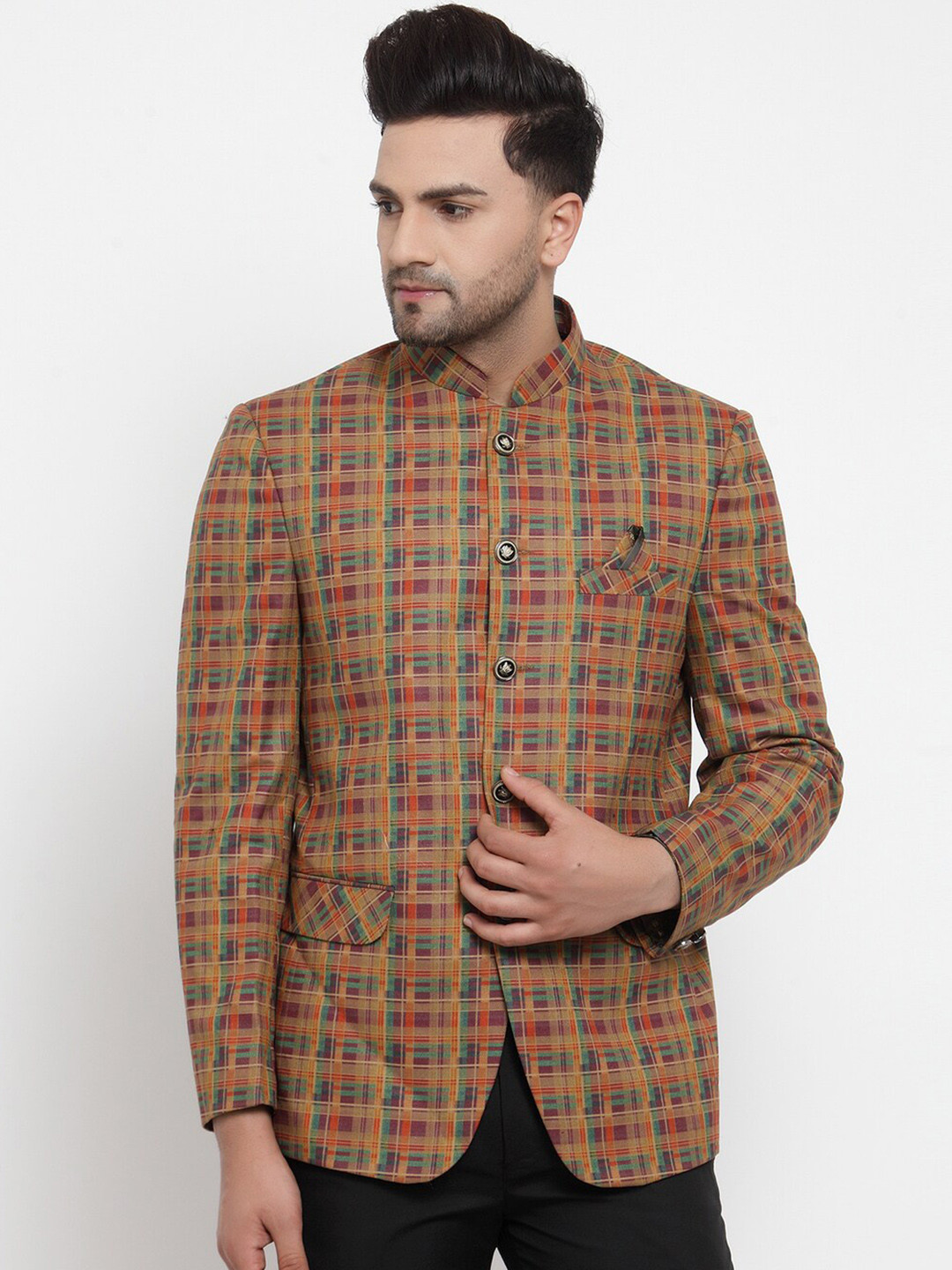 

KLOTTHE Men Tan-Brown & Orange Checked Slim-Fit Formal Bandhgala Blazer
