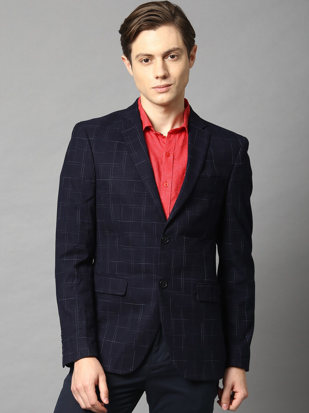 

HARSAM Men Navy Blue & White Checked Single-Breasted Formal Blazer