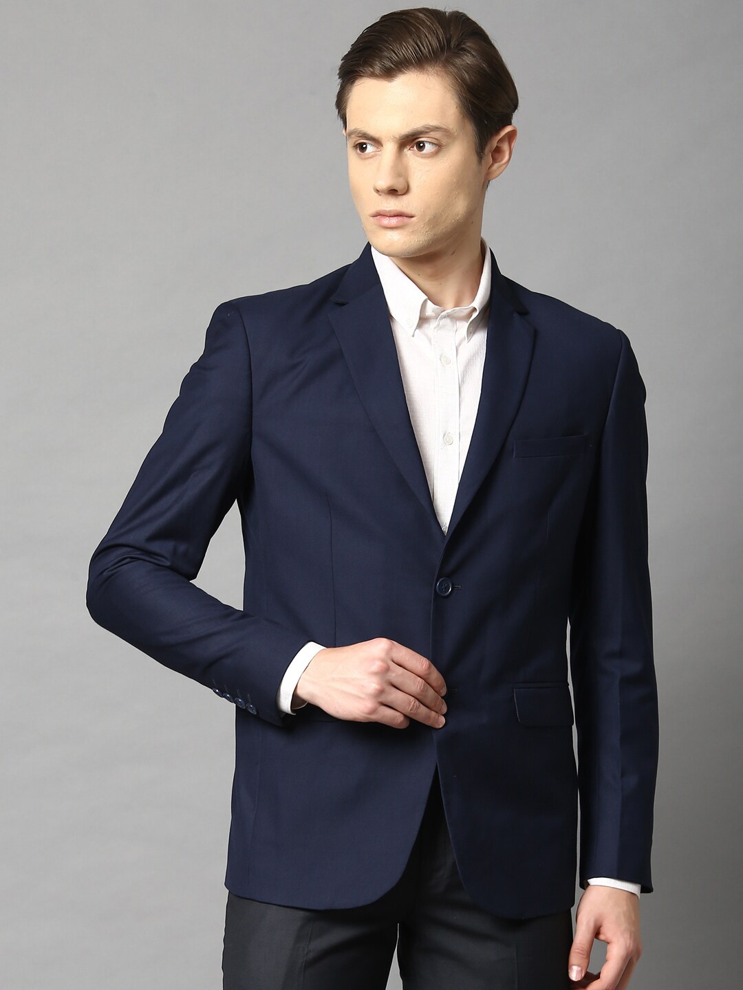 

HARSAM Men Navy Blue Solid Single-Breasted Formal Blazer