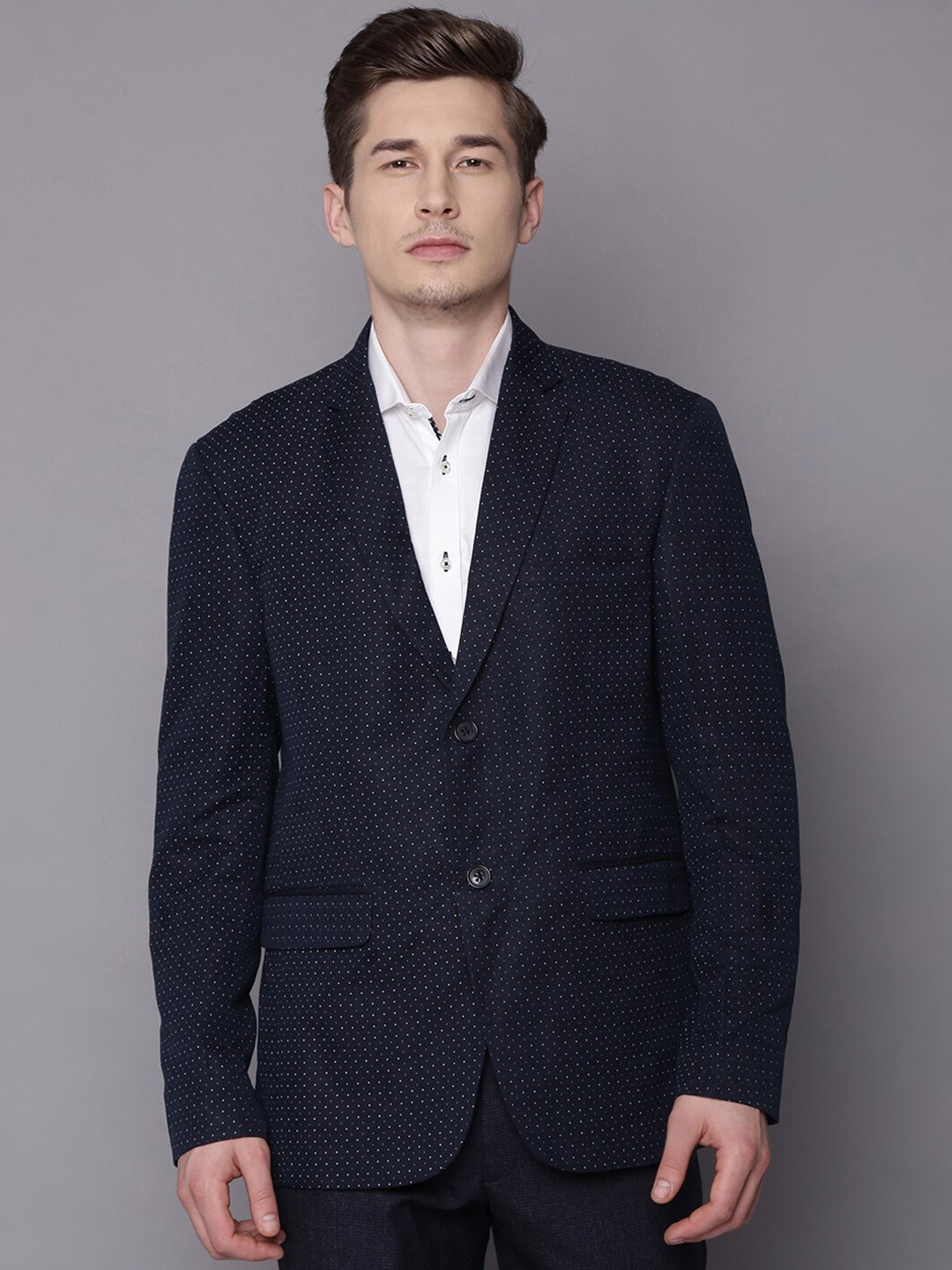 

HARSAM Men Navy Blue & White Micro Ditsy Printed Single-Breasted Casual Blazer
