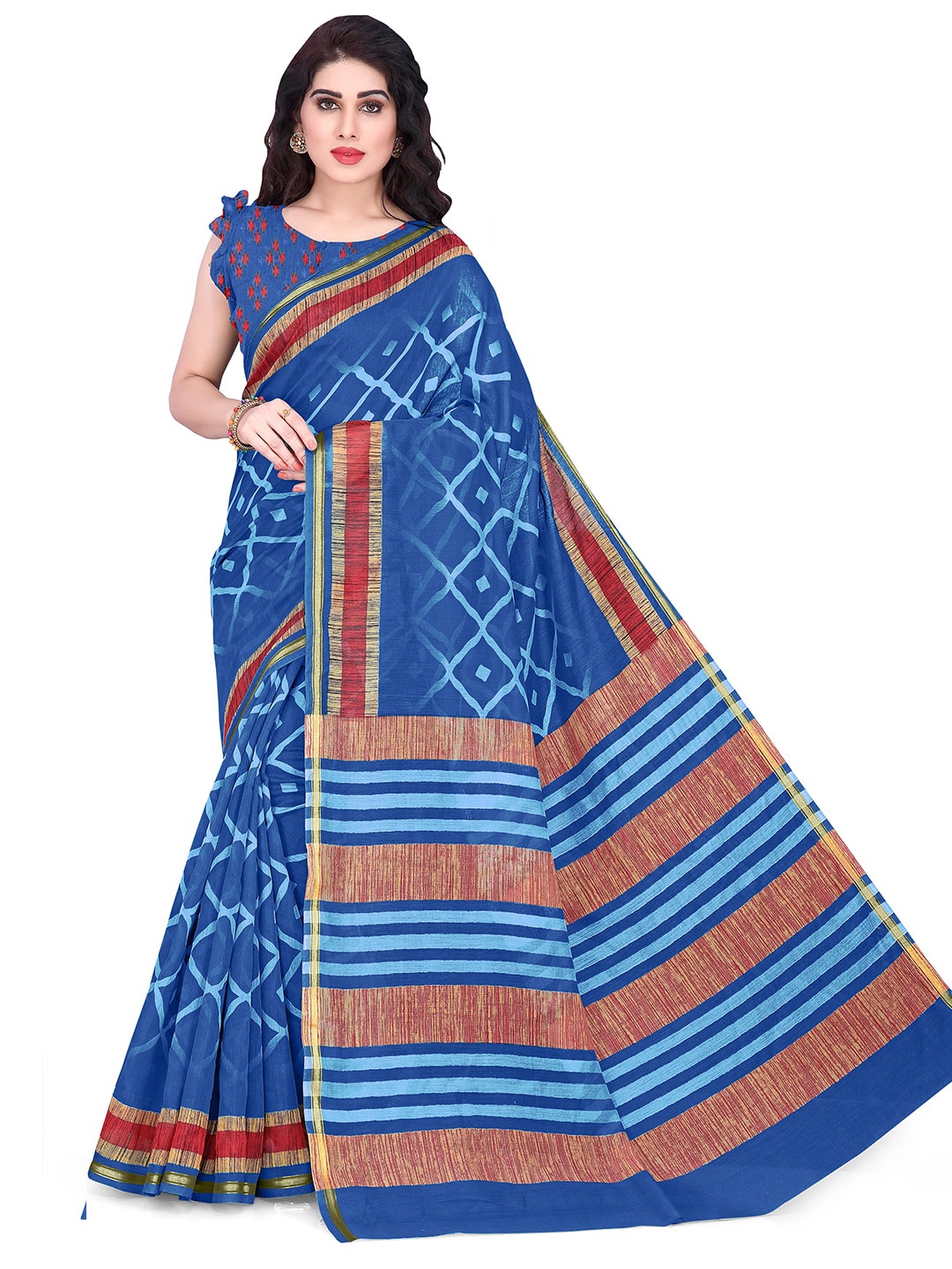 

KALINI Blue & Red Geometric Printed Saree