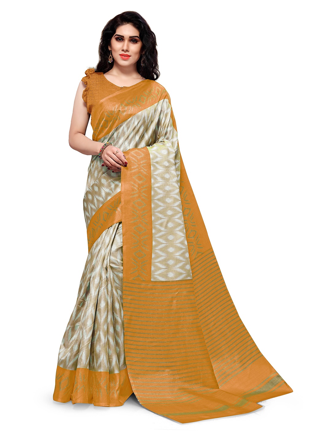 

KALINI Off White & Mustard Art Silk Saree