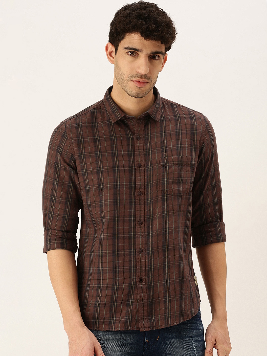 

Flying Machine Men Maroon Slim Fit Tartan Checked Pure Cotton Casual Shirt