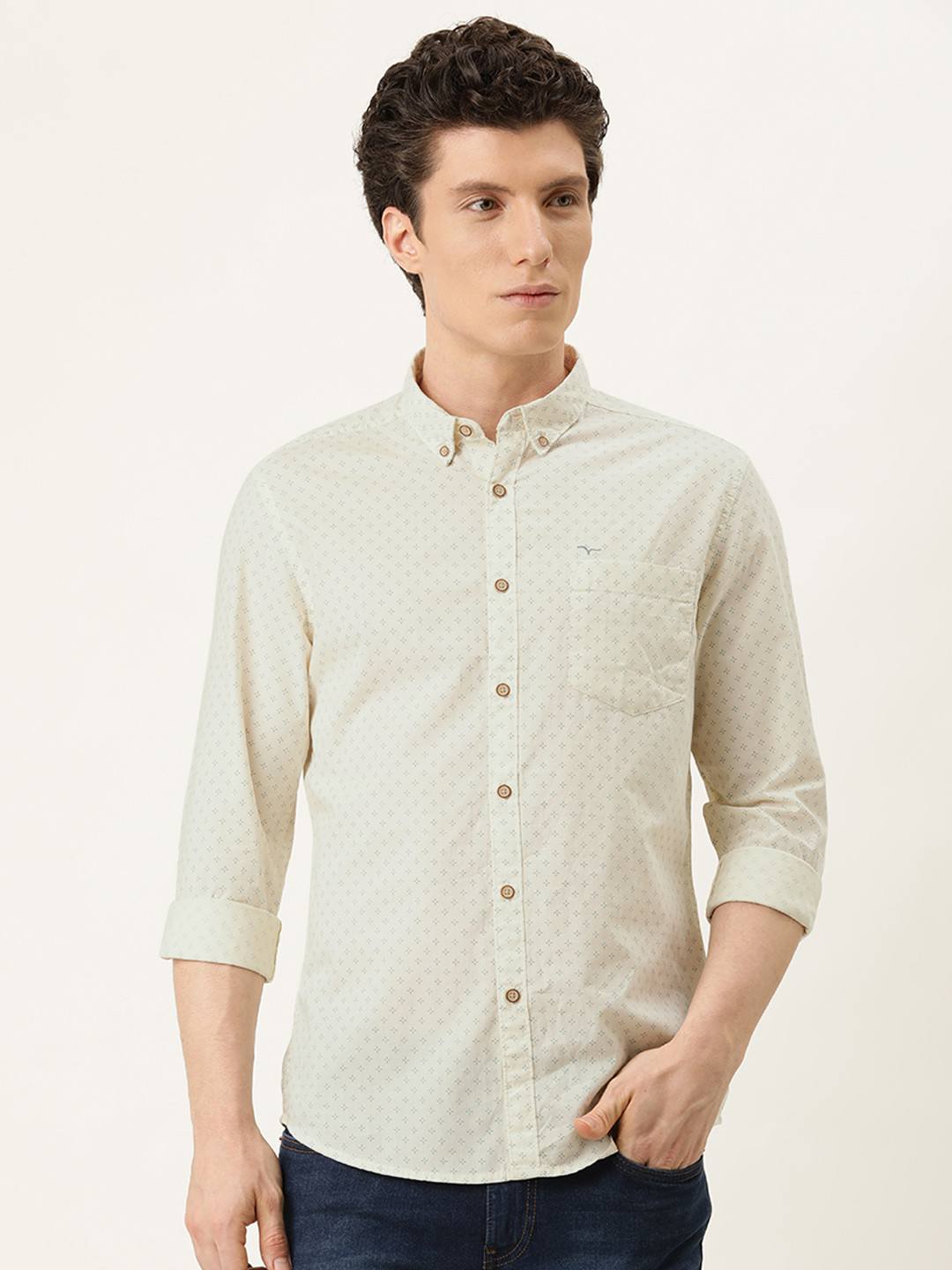 

Flying Machine Men Off White & Grey Cotton Micro Ditsy Print Slim Fit Casual Shirt