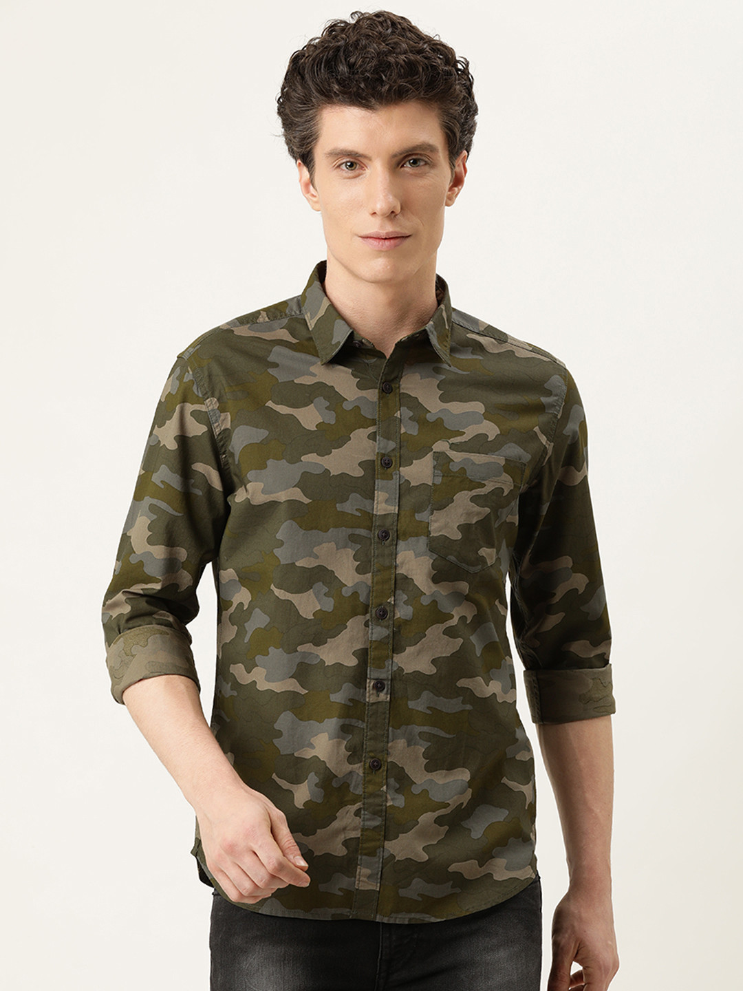 

Flying Machine Men Olive Green & Grey Slim Fit Camouflage Print Cotton Opaque Casual Shirt