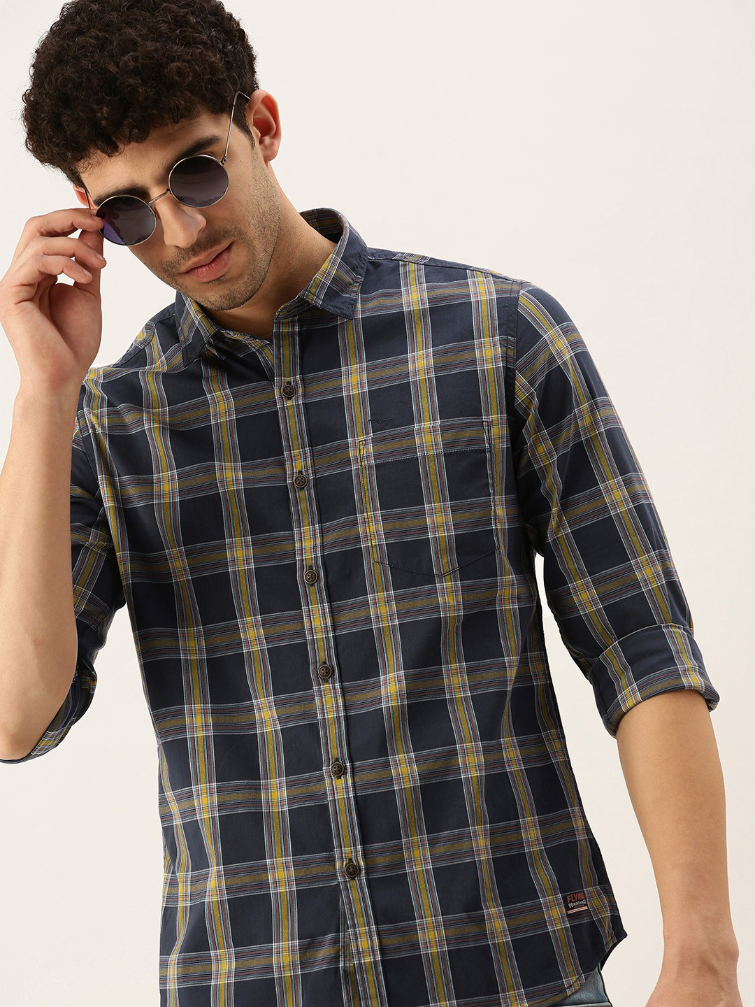 

Flying Machine Men Navy Blue Slim Fit Checked Casual Shirt