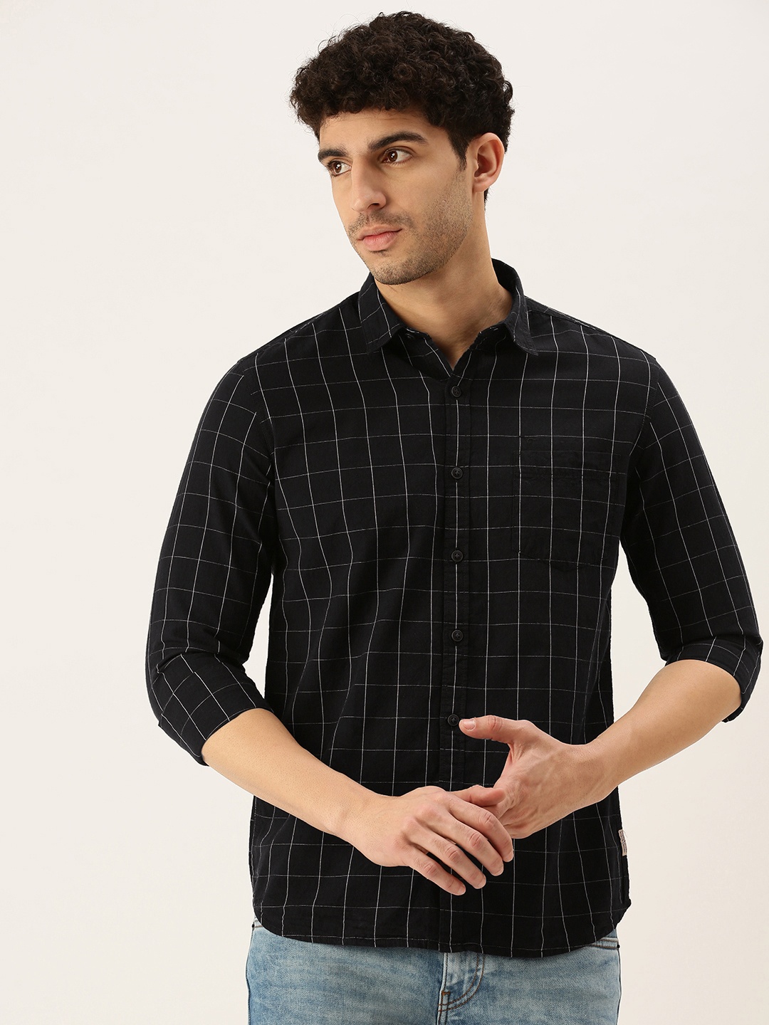 

Flying Machine Men Black Slim Fit Windowpane Checks Opaque Cotton Casual Shirt