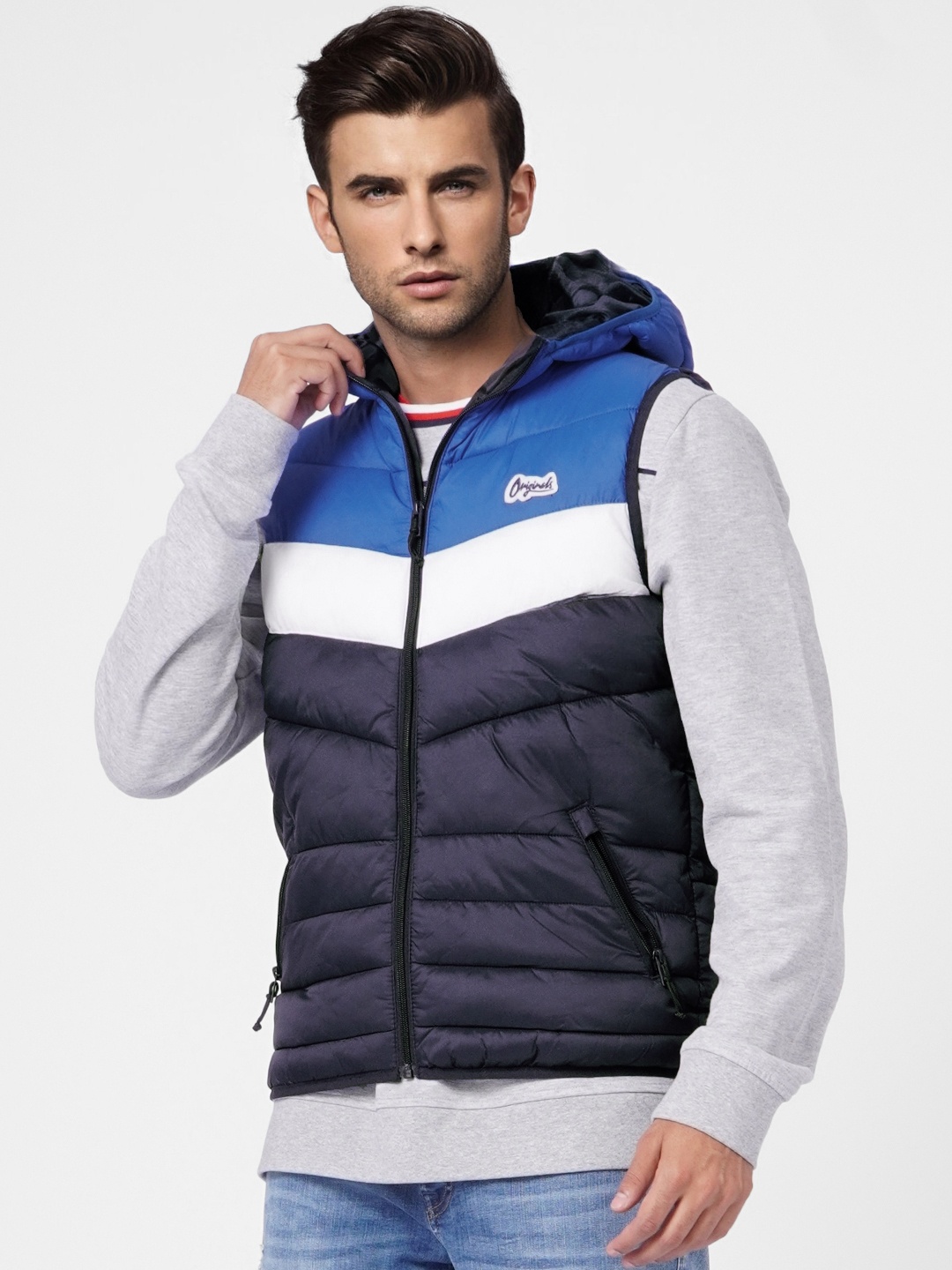 

Jack & Jones Men Navy Blue & White Colourblocked Puffer Jacket